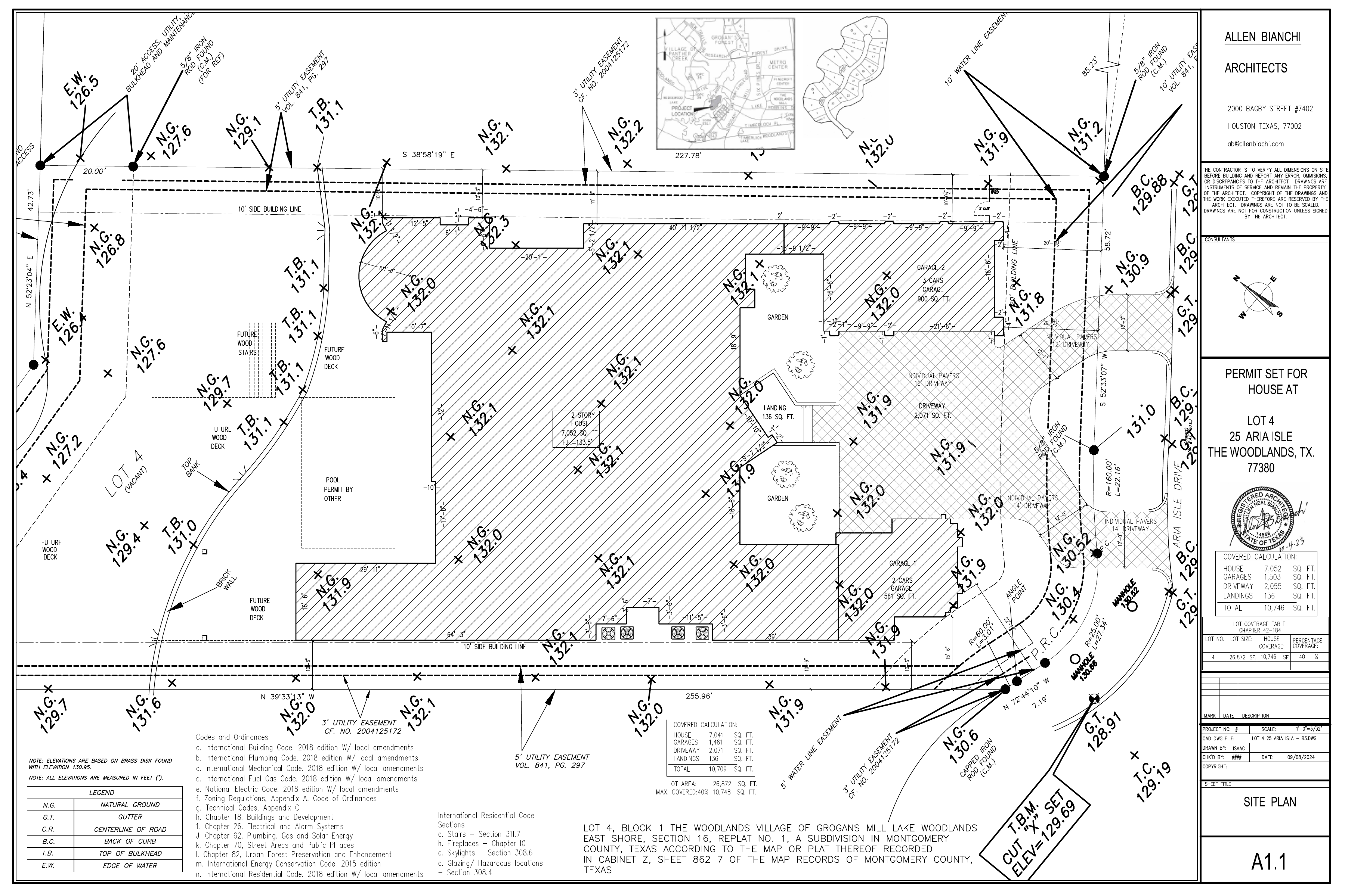 Architectural R3 site plan showing finished floor 133.5 and found brass disk 130.95