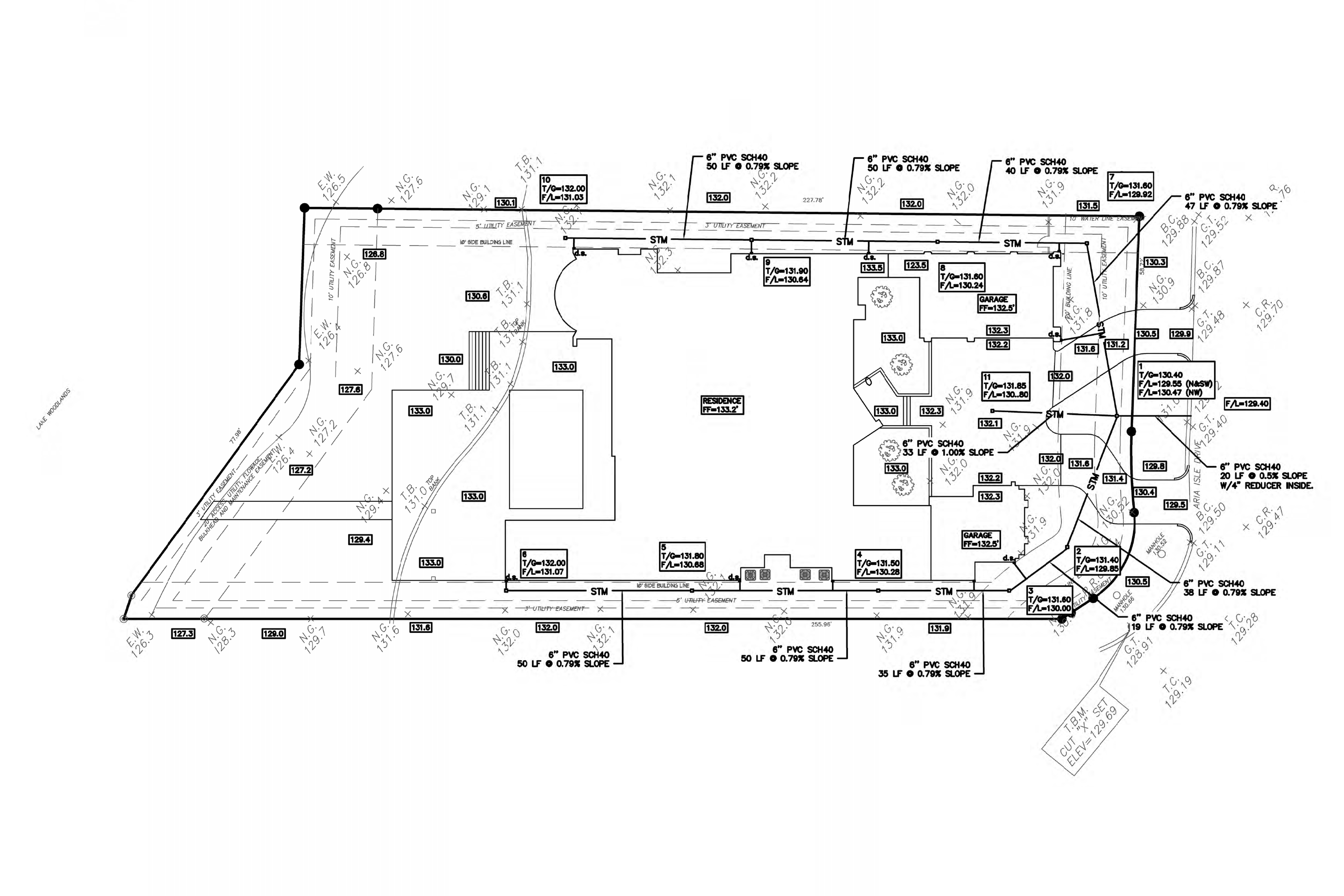 Approved civil plan showing Residence FF 133.2 and garage FF 132.5
