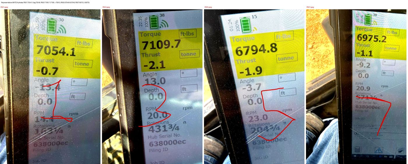 Four tablet photos showing torque readings 7,054.1, 7,109.7, 6,794.8 and 6,975.2 ft-lb, each with hub serial 638000ec