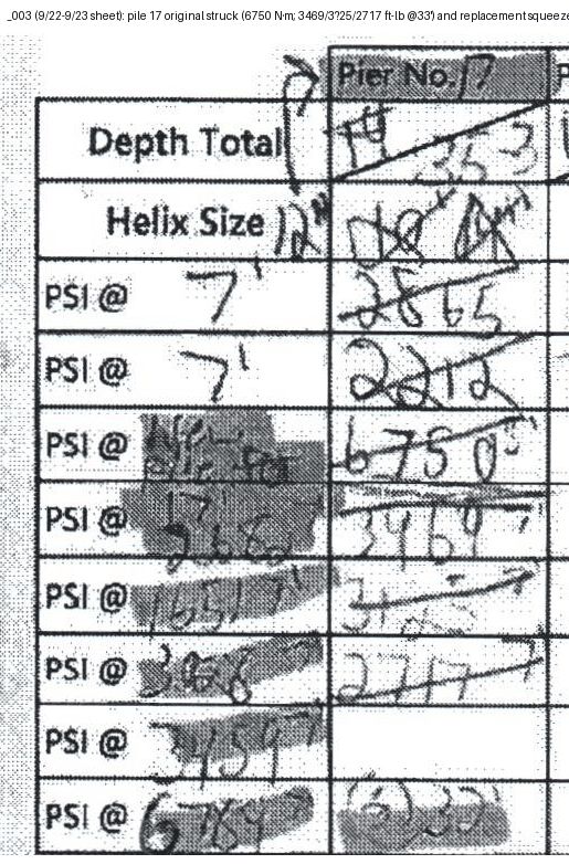 Field sheet column for pile 17 with original readings struck through and replacement readings in the margin