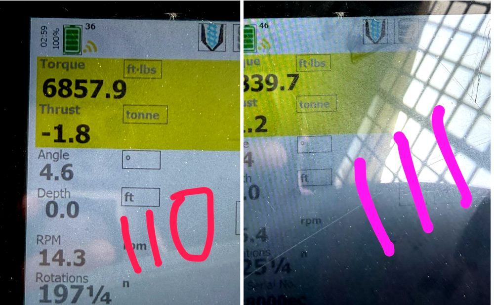 Two tablet photos labelled 110 and 111 showing 6,857.9 and 6,839.7 ft-lb, rotations 197¼ and 225¼